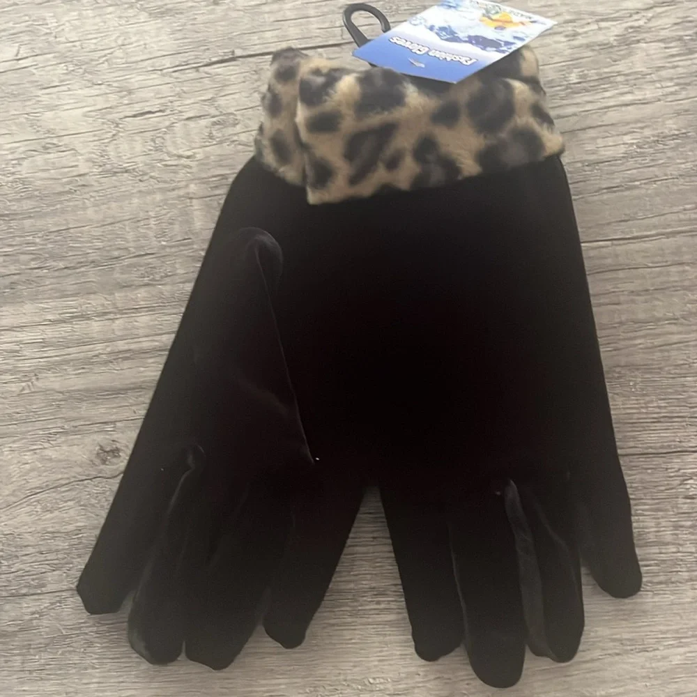 Two sets of gloves. Black and Burgundy velvet w/animal print cuffs. - Picture 2 of 3